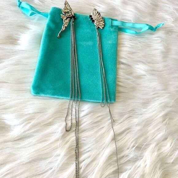 New 925 Silver Post  Asymmetric Butterfly Wing Long Tassel Earrings - Picture 2 of 13